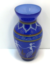 Czech Bohemian Cobalt Blue Art Glass Vase, Hand Painted Women Dancing De... - $20.78