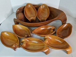 Hand Carved Genuine Monkey Pod Wood Salad Bowl 9pc Set Philippines Curved Handle - $46.74