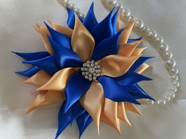 ROYAL BLUE AND GOLD SATIN KANZASKI FLOWER FOR BROOCH, CORSAGE OR HEADBAND - $11.88