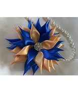 ROYAL BLUE AND GOLD SATIN KANZASKI FLOWER FOR BROOCH, CORSAGE OR HEADBAND - $16.13 CAD
