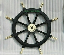 Nautical Black Wooden Ship Steering Wheel With Brass Handle Christmas - £127.51 GBP