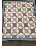 Vintage Hand Quilted Pieced Greens &amp; Peach 98 x 84 - €126,05 EUR