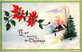 Merry Christmas Poinsettia Flower House Snow Pine Tree 1919 Antique Postcard - £5.86 GBP