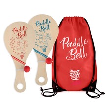 Wooden Paddle Ball (Set Of 2) With Red Carry Bag Indoor Outdoor Toy: Fun... - £26.73 GBP