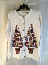 Victoria Jones White Christmas Sweater Cardigan Tapestry Beaded Christmas Tree M - £10.38 GBP