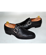Handmade Black Woven Leather Monk strap Shoes Leather Dress Shoes for Men - $170.99