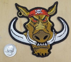 Tusked Biker Hawg With Pirate Bandana Iron On Embroidered Patch 4.5&quot;x 4&quot; - $6.79