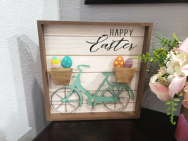 Easter HAPPY EASTER Bicycle Basket Eggs Wall Sign Decor 11.75&quot; x 11.75&quot; - £15.50 GBP