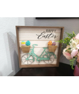 Easter HAPPY EASTER Bicycle Basket Eggs Wall Sign Decor 11.75&quot; x 11.75&quot; - £15.81 GBP