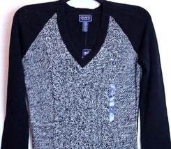 Chaps by Ralph Lauren Black V Neck Marled Knit Long Sleeve Sweater S Small 4-6 - £31.87 GBP