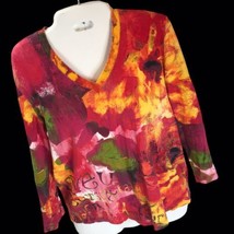 CHICOS Top Sz 1 color pop stretchy BLOUSE boho Bright Geo Love spellout - £11.66 GBP