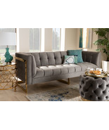 Herald Gray Velvet Fabric Upholstered and Button Tufted Sofa w/Gold-Tone... - $22,978.09 MXN
