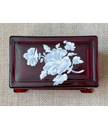 Vintage Ruby Red Glass White Flowers Footed Rectangle Earrings Trinket Box - $25.74