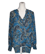Allison Joy Women&#39;s Blouse Shirt Top Blue Paisley V-Neck Cuffed Sleeve S... - £17.60 GBP