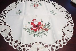 Luxury Doily, WHITE,  SANTA, 24&quot; diam, NEW. embroidered bells and border... - $18.81