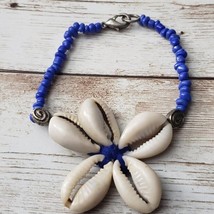 Vintage Bracelet / Bangle Shell Flower with Blue Beads - $12.99