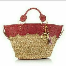 》 IMAN GLOBAL Red Faux Leather Straw Luxury Chic Resort XL Handbag Tote Bag - $148.49