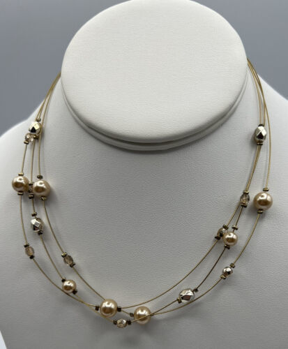 Jewelry Necklace Lia Sophia 3 Strands Wire Faux Pearls Geometric Acrylic Beads - $28.01