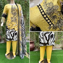 Pakistani Yellow Printed Straight Shirt 3-PCS Lawn Suit w/ Threadwork ,L - £42.09 GBP