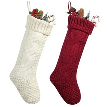 18 Inch Knitted Christmas Stockings, Pack 2 Xmas Gift Bags Of Burgundy And White - £23.72 GBP