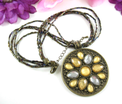 Yellow Silvertone Cab Medallion Vintage Necklace 4 Strand Dark Ab Glass Beads - £14.79 GBP