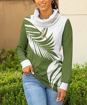 $90 Lily Green &amp; White Leaves Cowl Neck Sweatshirt Size L/12-14 NWOT - £16.41 GBP