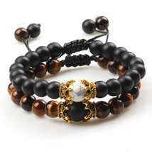 2pcs Natural Tiger Eye Stone Crown Black Lava Beaded Bracelets Couples Distance  - £14.22 GBP