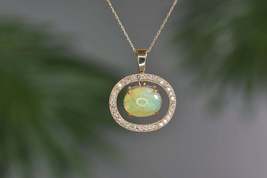2.65Ct Oval Fire Opal and Diamond Pendant in 14k Yellow Gold Over With Chain - £87.63 GBP