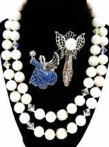 Vintage Jewelry Set  Monet Angel Brooch  White Beaded Necklace Artisan Angel Pin - £22.67 GBP