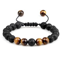8mm Men Bracelets Black Lava Beads Bracelet Tiger Eye Adjustable Braided Rope Ba - £14.22 GBP