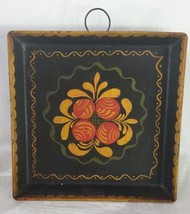 Vintage Hand Painted Black Metal Serving Tray Square 9&quot; Gold Decor - £22.14 GBP