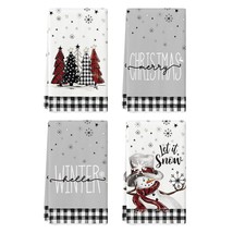 Black White Buffalo Plaid Snowman Xmas Trees Christmas Kitchen Towels Di... - £35.14 GBP