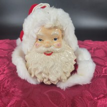 Christmas Decor Santa Head Hanging Ornament Ceramic Face White Fur Red Plush Hat - $18.28