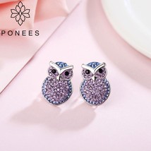 PONEES Classic Cute Owl Earrings Stud Purple Pave Crystal Stud Earrings For Wome - £11.11 GBP