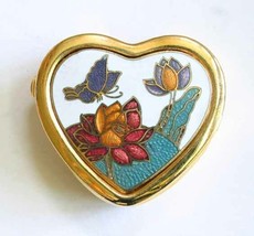 Elegant  White Cloisonne Enamel Butterfly &amp; Flower Heart Miniature Pill ... - £14.14 GBP