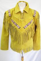 Men's Western Gold Suede Leather Fringe Beaded Mountain Man Pullover Shirt MM06 - £111.11 GBP+