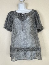 Apt. 9 Womens Size M Sheer Gray Floral Tie Neck Blouse Short Sleeve - £8.63 GBP