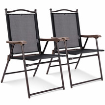 Set Of 2 Patio Folding Sling Back Chairs Camping Deck Garden Pool Beach Black - £95.43 GBP