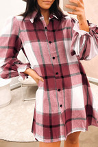 Brown Plaid Pattern Collared Neck Ruffled Sleeve Shirt Dress - £20.14 GBP