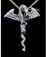 Dragon Pendant Necklace Set Stainless Steel 24&quot; Box Chain w/Black RhineS... - £7.85 GBP