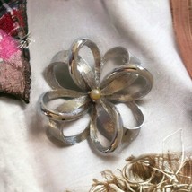 Open Work Brooch Vintage Ribbon Pin Faux Pearl Flower Silver Tone Brushed Large  - £15.85 GBP