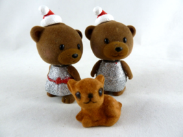 Flocked Christmas Bears Lil Woodzees Bobble heads 2.5&quot; tall with tiny vtg deer - £12.65 GBP