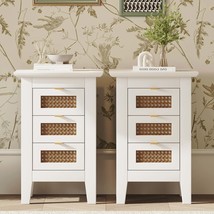 Rattan Nightstand Set of 2 | White Wood 3 Drawers - $153.99