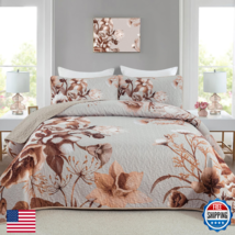 Khaki Quilt Set King Size Bedding Set 3 Pieces Boho Floral Quilt Bedspre... - $44.87