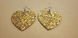 Faux Leather Dangle Earrings (New) GOLD/PINK Glitter Hearts #217 - £4.13 GBP