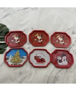 Vintage Tin Christmas Tray Set of 6 Small Serving Holiday Santa Red Gold... - $25.73