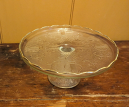 Vintage Jeanette Harp Depression Glass Cake Stand Plate Scroll Music Pedestal - £12.13 GBP