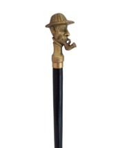 Antique Black Wooden Walking Stick Cane with Sherlock Holmes Head Handle - £37.99 GBP