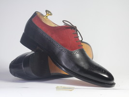 Handmade Mens Black Burgundy Wing Tip Brogue Leather Suede Shoes, Designer Shoes - £114.57 GBP+