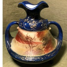 Noritake? Hand Painted Landscape Cobalt Blue &amp; Gold Gilded 3-Footed Vase... - $726.58 MXN